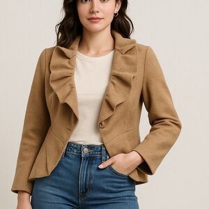 Anthropologie Tabitha Jacket Wool Blend Ruffle‎ Blazer 3/4 Sleeve Anthropologie